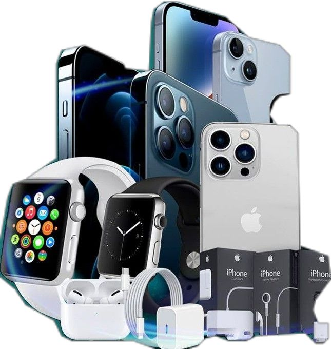 iPhone lineup with Apple Watch and AirPods accessories